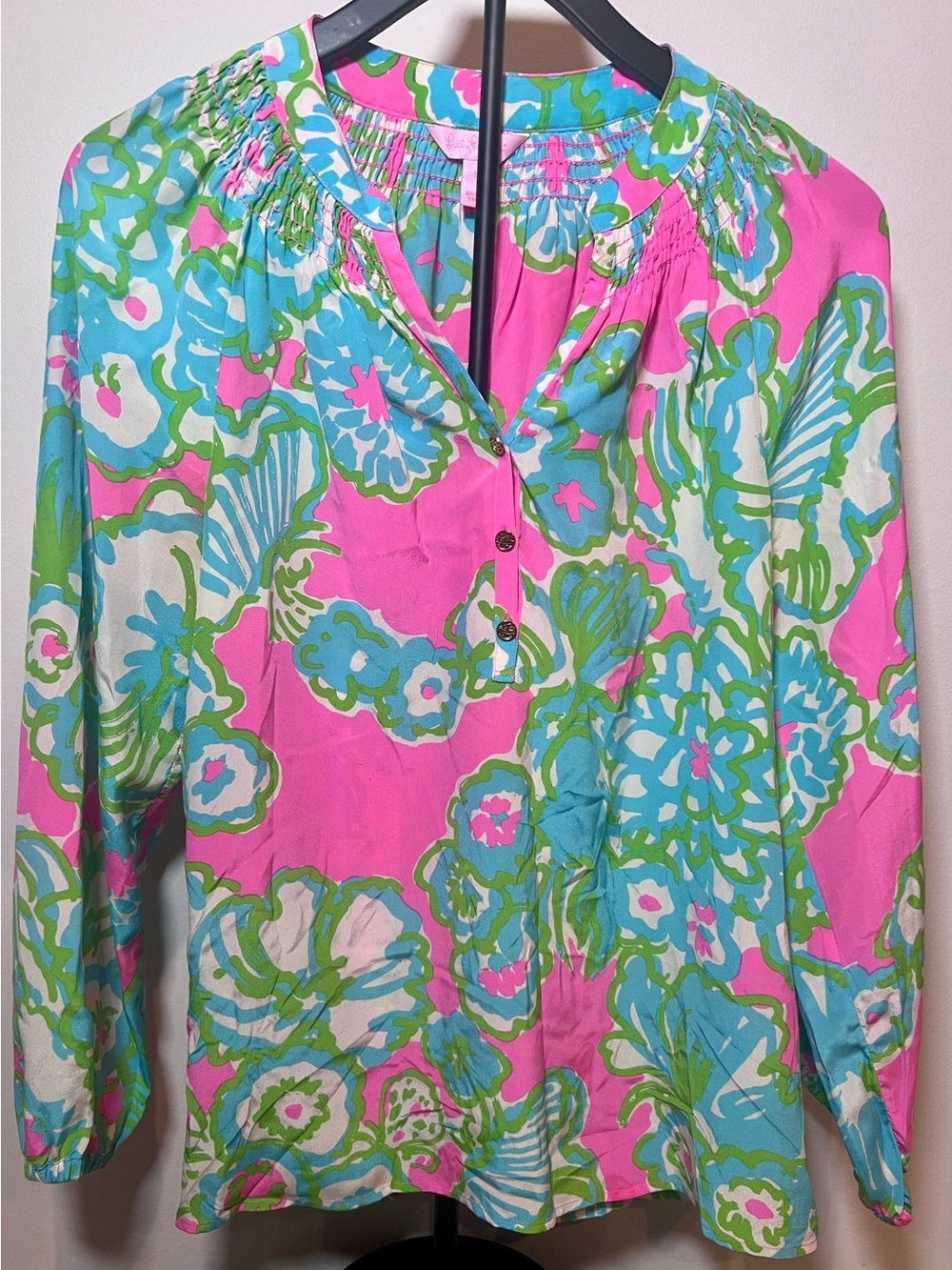 Lilly Pulitzer Women’s Silk Blouse Floral Print Pink Blue Green S